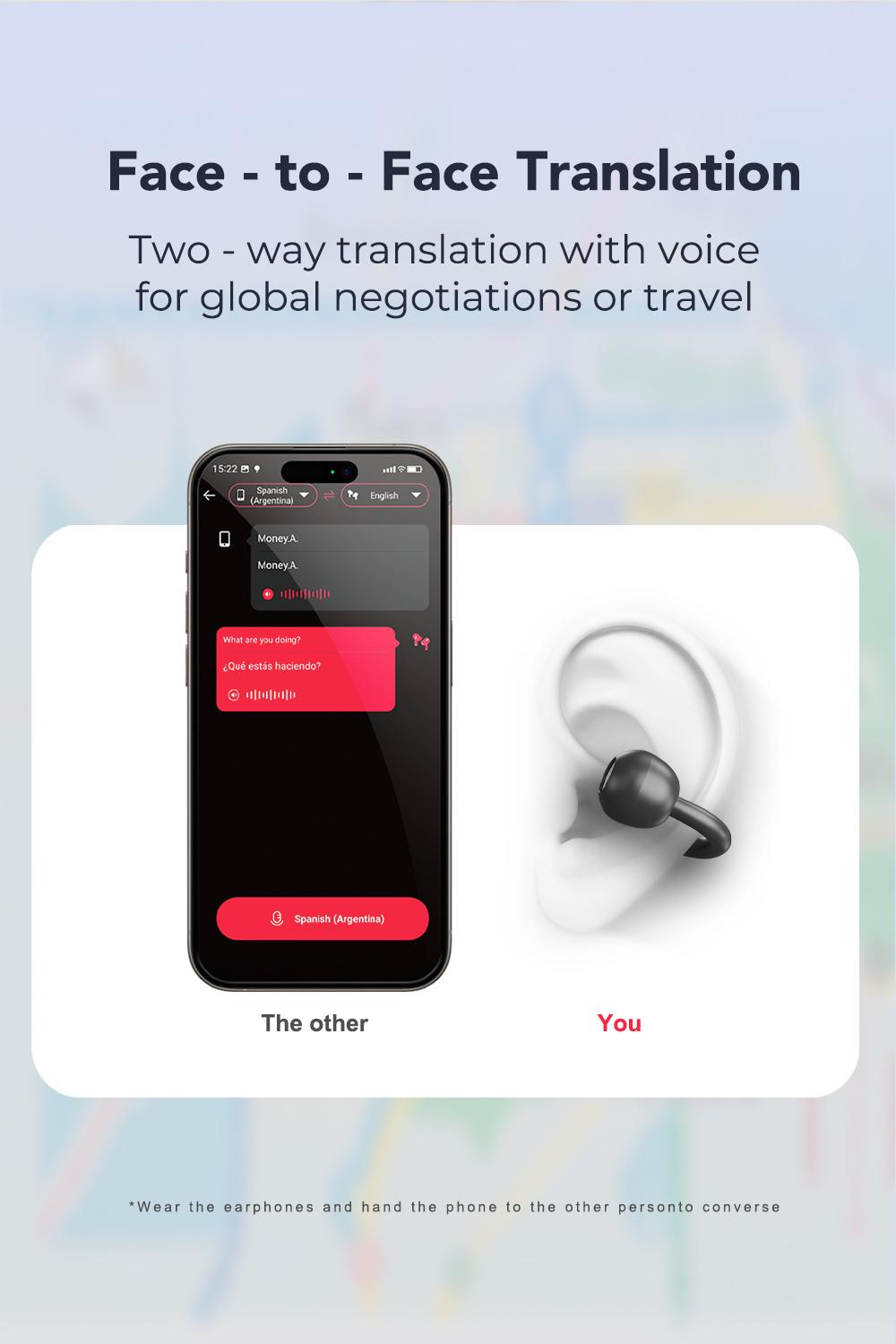 ERAZER XF50 AI Translation Earphones, Hi Fi Sound Quality, 134 Language Translations, Ultra Light Wear, IPX5 Anti Sweat, Waterproof, Stable and Durable Clip on Earphone Strap APP Suitable for Travel and Learning