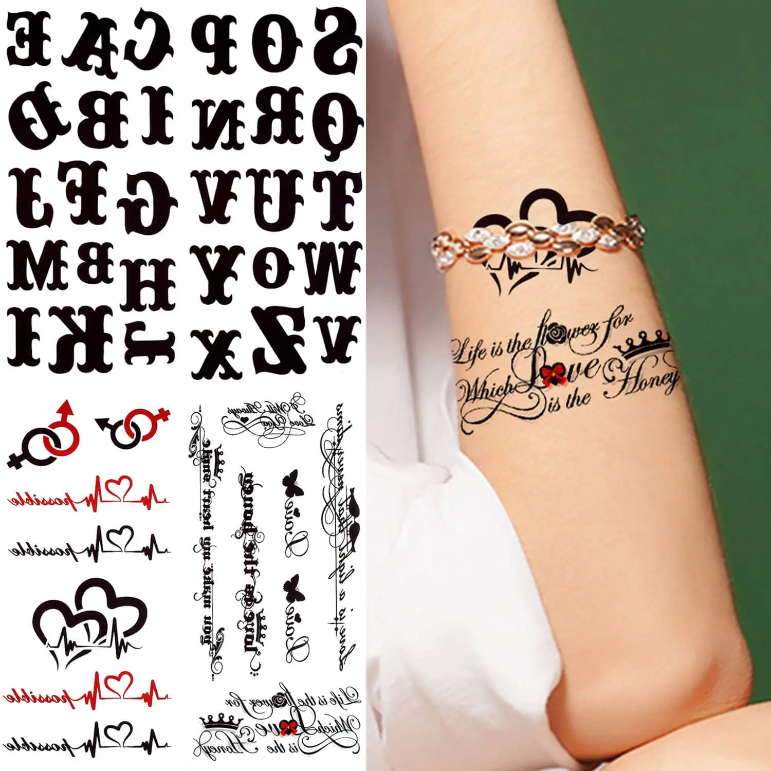Letter Temporary Tattoos, Realistic Waterproof Words for Adults | 5-pack painless fake word tattoos. Non-toxic, lasts 5-7 days. Perfect for parties, festivals, or DIY tumbler crafts.