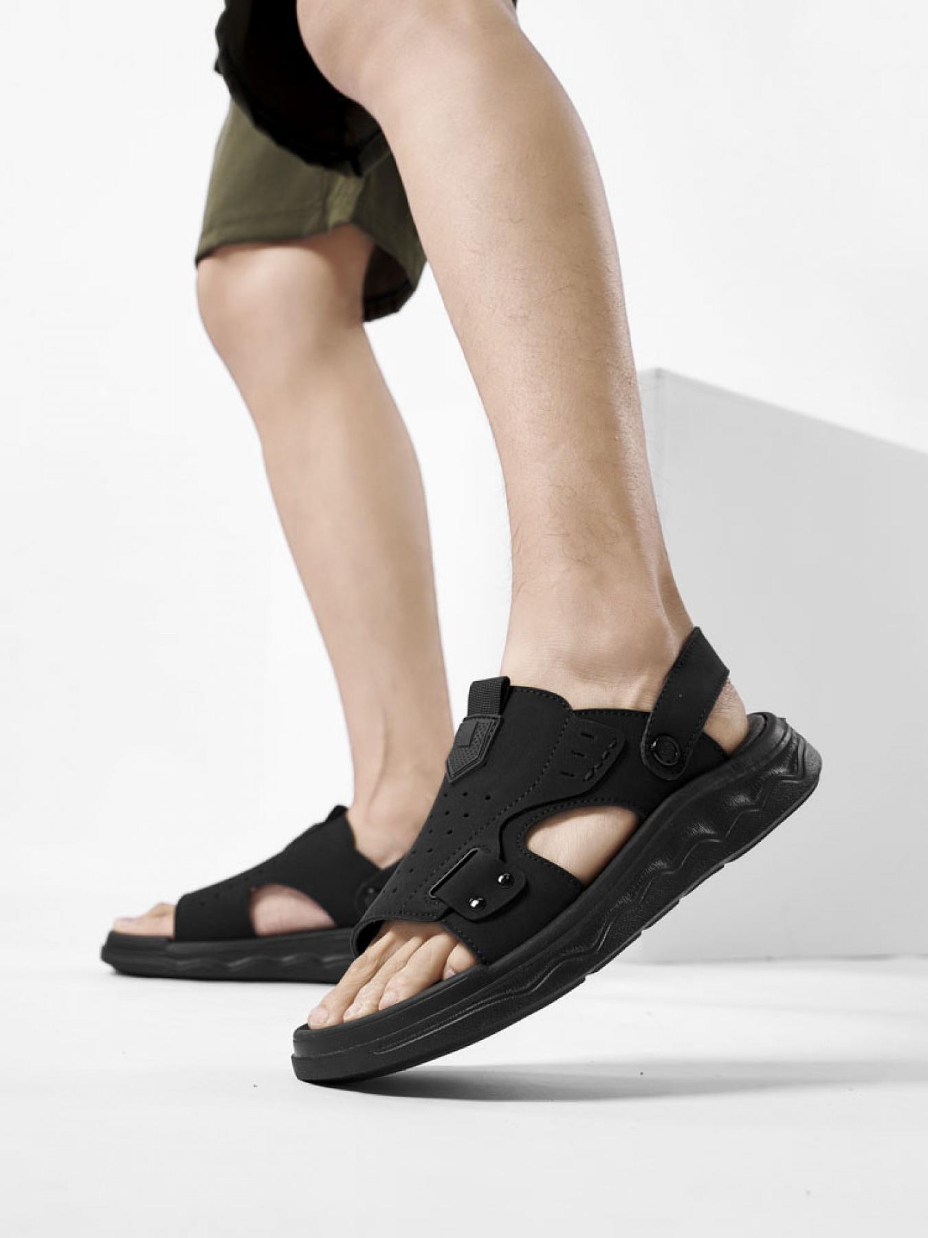 Men's Solid Color Dual-Wear Velcro Closed-Toe Sandals Thick-Soled Breathable Beach Shoes Non-Slip Wear-Resistant Outdoor Water-Resistant Sandals