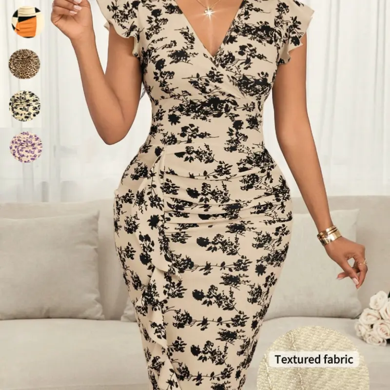 Elegant Plus Size Women's Printed Wrap Dress, Ruffle Sleeve Slim Fit Midi Dress, Bodycon Fitted, Perfect for Office, Parties, Dates, Spring & Summer Wear