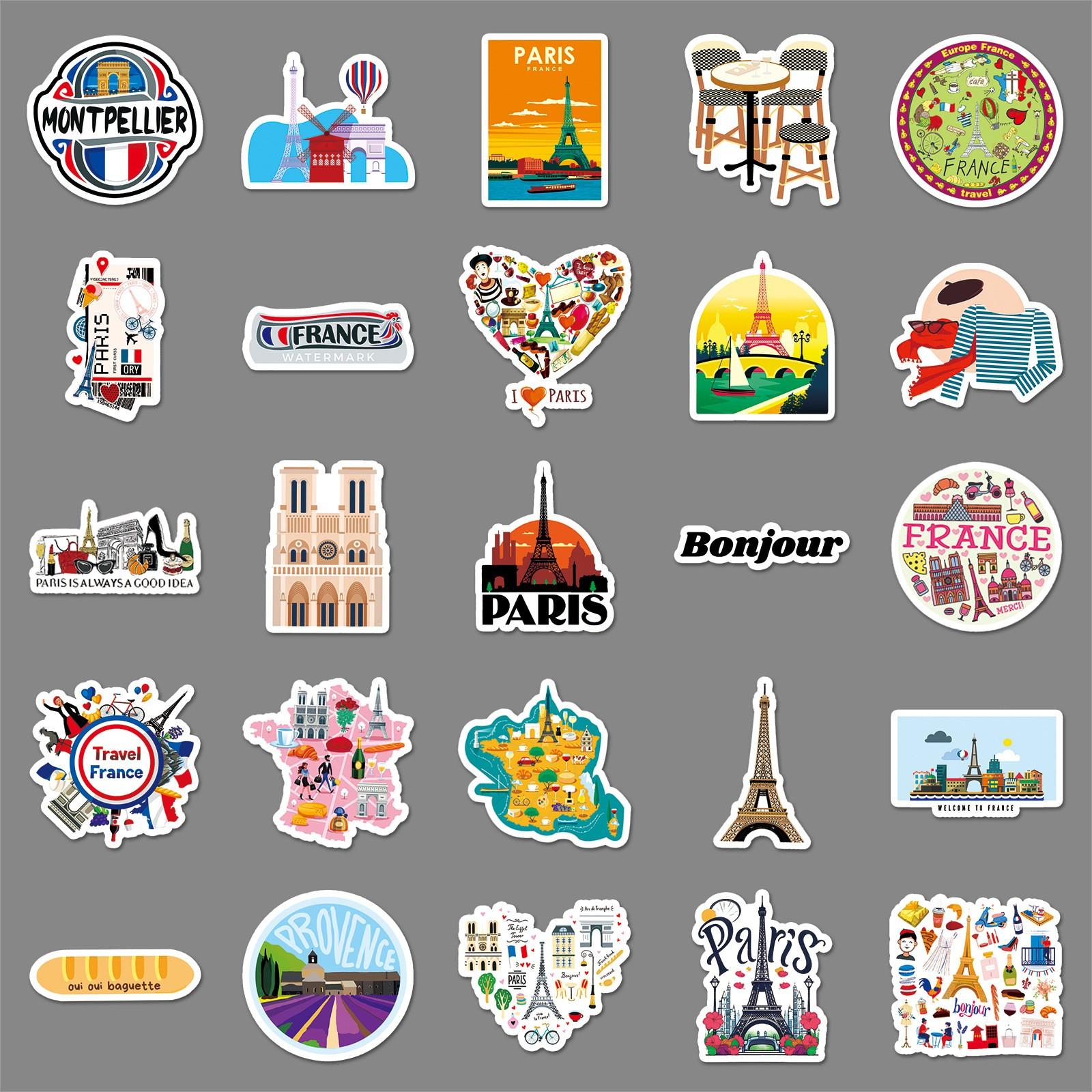 50pcs France Travel Stickers, Paris Landmark Waterproof Vinyl Decals, French City Travel Stickers for Laptop, Water Bottle, Luggage, Europe Travel Gift Pack