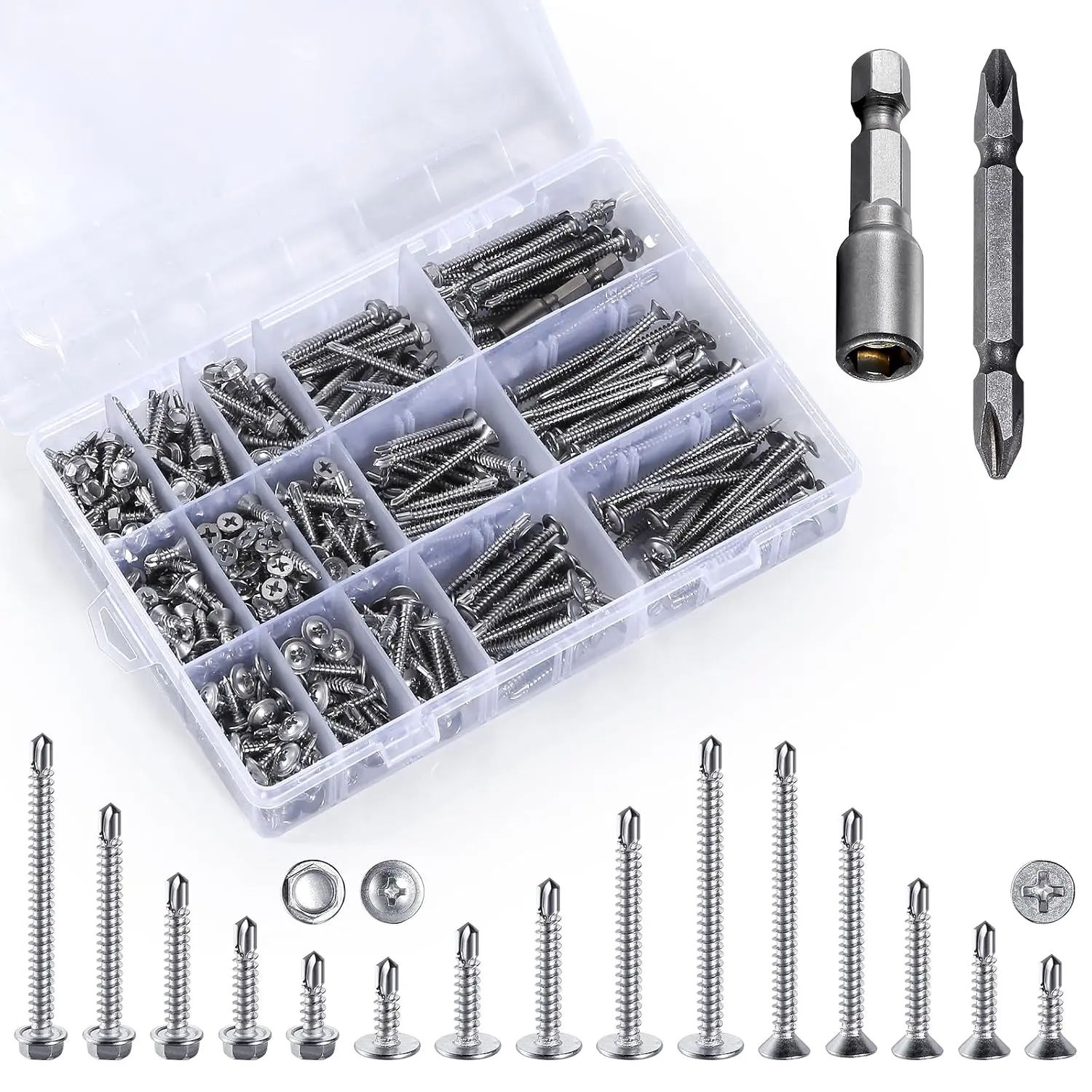 440 count 410 Stainless Steel Sheet Metal Self-Tapping Screws Combination Set with Flat , Large Flat  and Hexagon  Screws 8# Length 1/2” to 2”()
