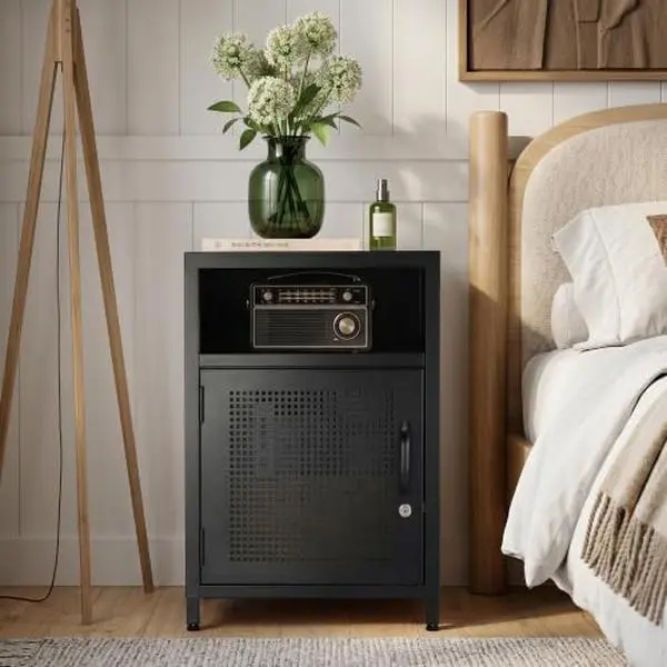 Metal Locker Nightstand,  Stainless Steel Bedside Table  with Locking Cabinet Door & Open Shelf, Compact Locker Side Table for Bedroom, Dorm, Office & Living Room, Modern
