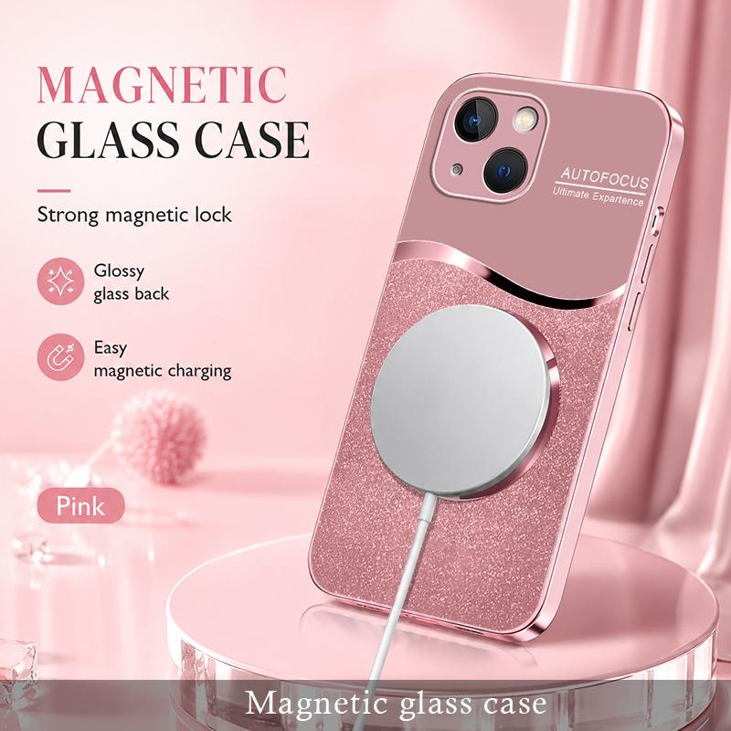 Personalized Initial Letter Rhinestone Magnetic Case for iPhone 13, Luxury Glitter Glass Cover with Lanyard Wrist Strap  ----975