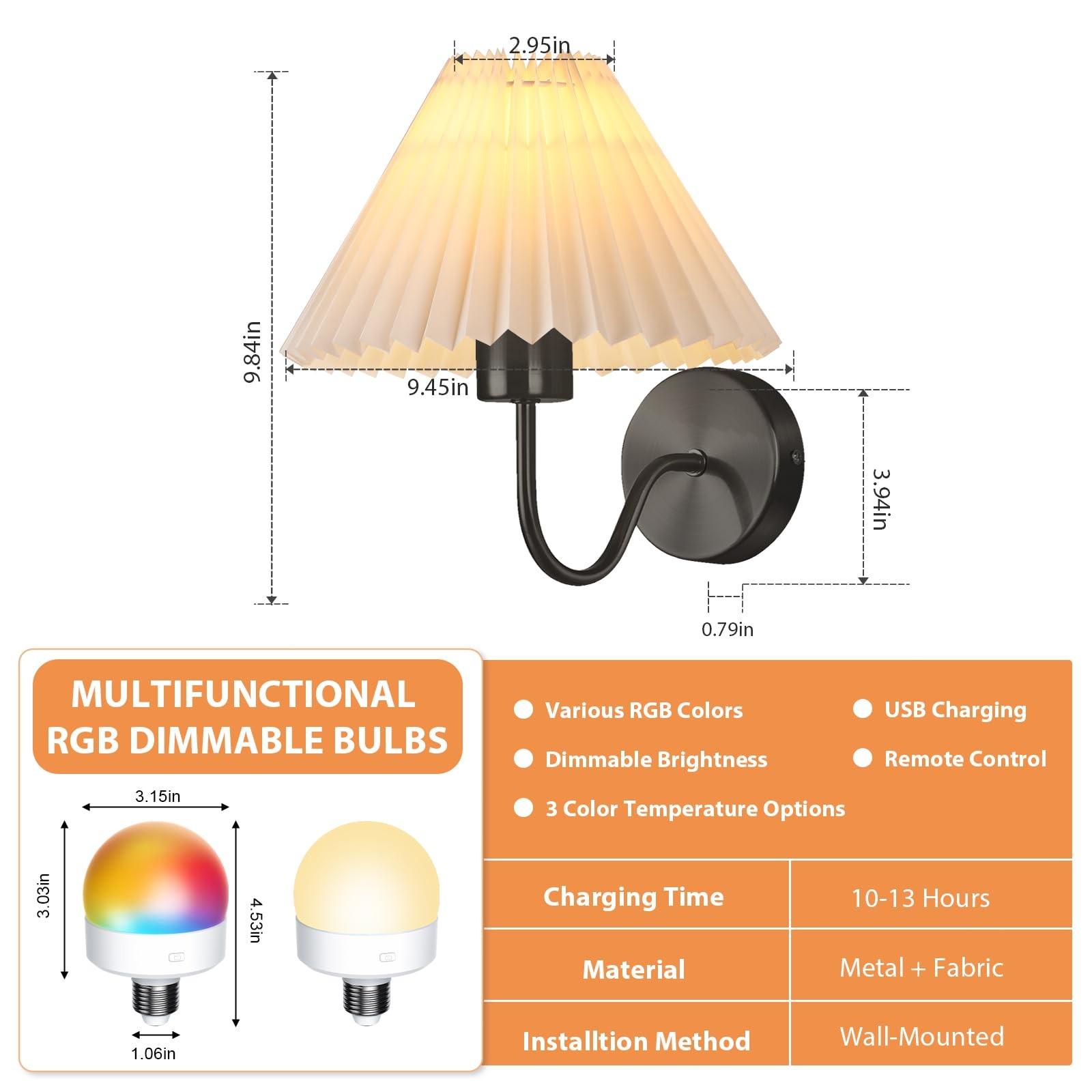 Rechargeable Wall Lamp Set of 2, RGB Detachable Bulb, Adjustable LED Light with Remote, Modern Home Decor for Bedroom & Living Room