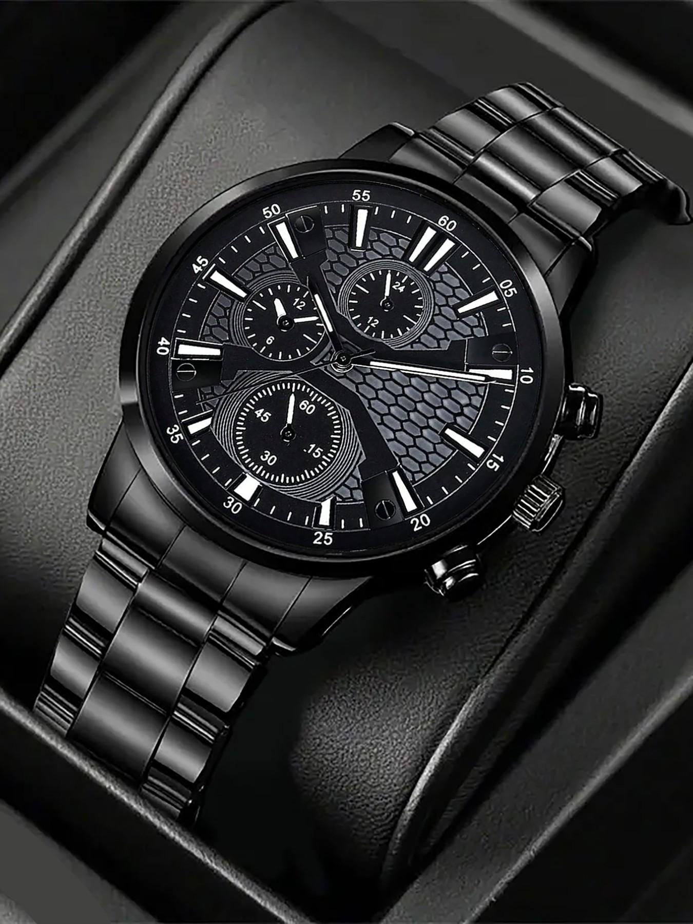 4pcs Men's Fashion Elegant Watch Set, Stainless Steel Quartz Wristwatch, Includes Bracelet, Necklace, Ring, Ideal Gift for Business or Casual Wear