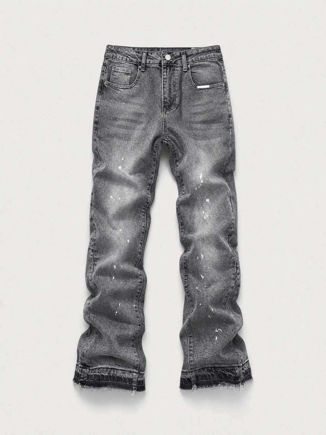 Men's Micro Flare Jeans, Loose-Fitting Button Fly Denim Pocket, Solid Color Y2K Streetwear Style, All-Season Wear, Washed Fabric, Patchwork Design, Relaxed Fit Jeans