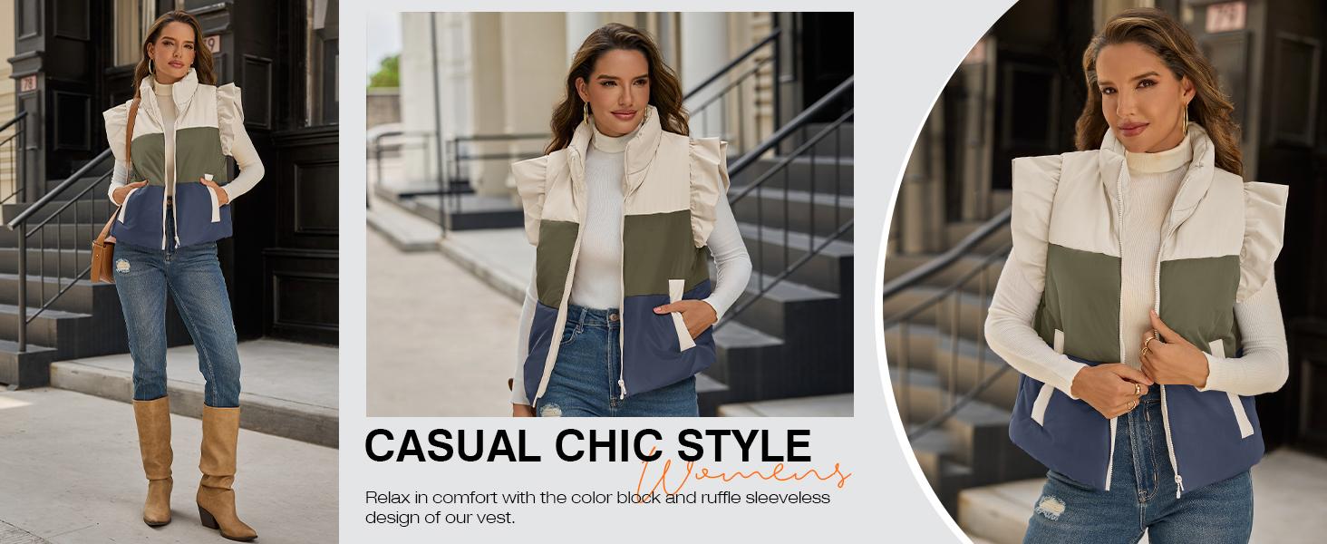 Tankaneo Womens Puffer Vest Ruffle Sleeveless Zip Up Quilted Jacket Color Block Winter Warm Padded Gilet Coats Tankaneo Womens Puffer Vest Ruffle Sleeveless Zip Up Quilted Jacket Color Block Winter Warm Padded Gilet Coats