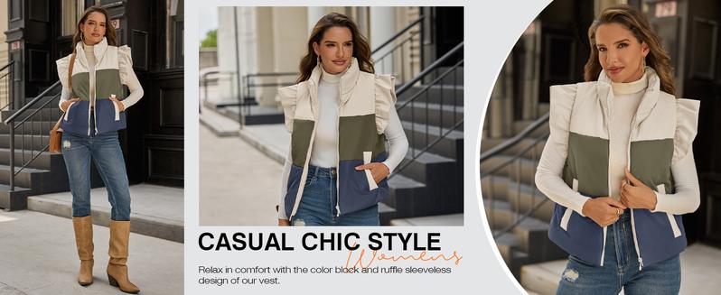 Tankaneo Womens Puffer Vest Ruffle Sleeveless Zip Up Quilted Jacket Color Block Winter Warm Padded Gilet Coats