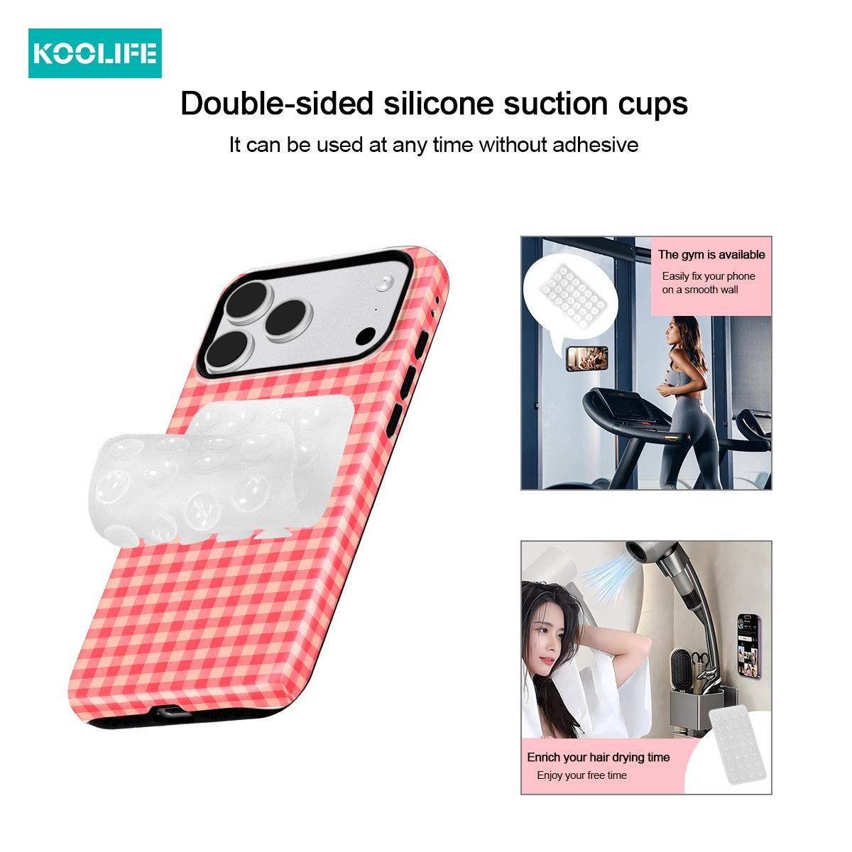 KOOLIFE 2pcs Set Pink White Gingham Pattern Case + Double Sided Silicone Suction Cup Stand Shockproof Glossy Hard Shell TPU Bumper Cute Aesthetic Phone Cover for iPhone 17 16 15 14 13 12 11 Pro Max Plus XR XS X Farmhouse Style Gift for Women Girls