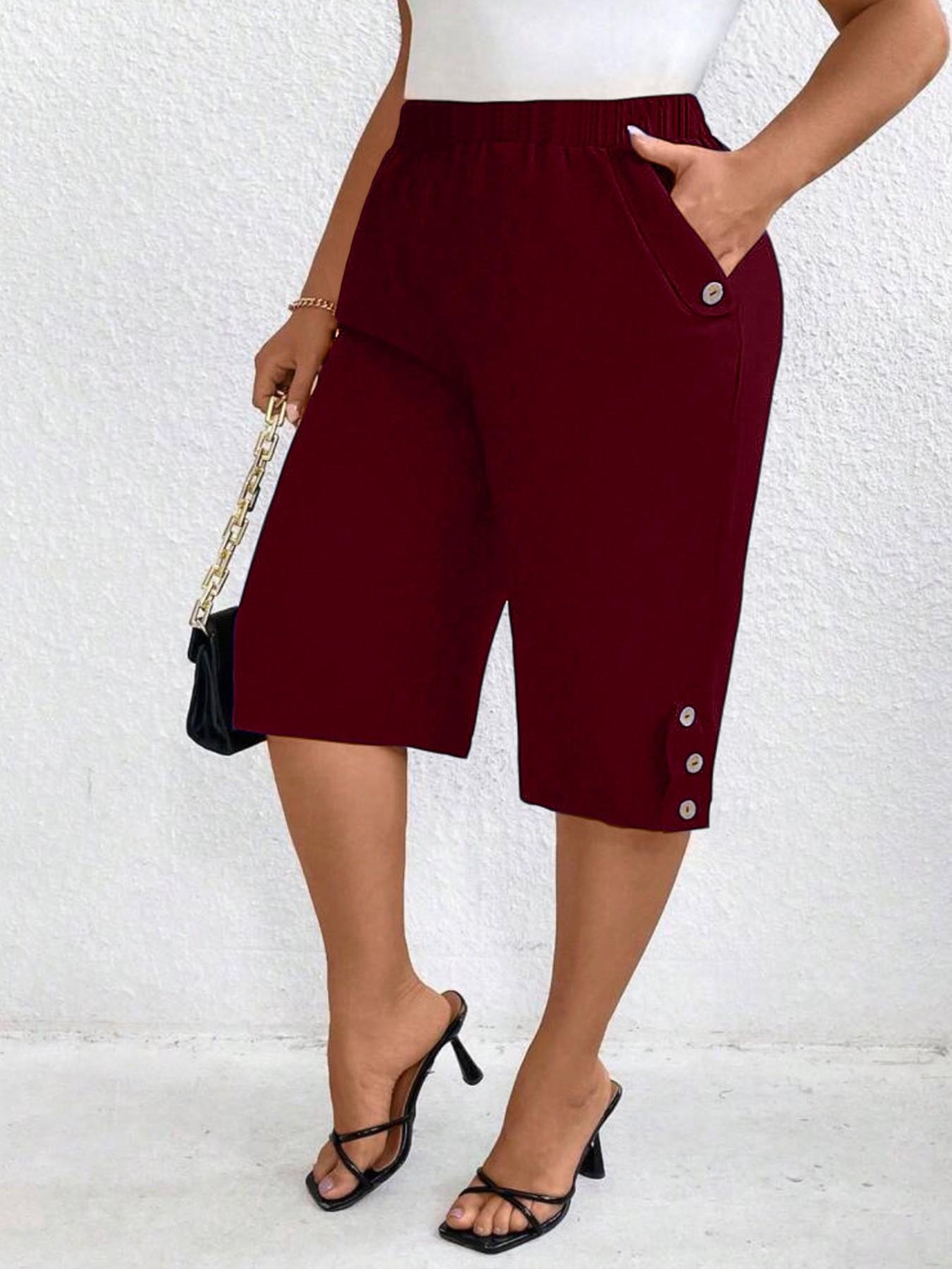 Elegant Plus Size Solid Color Elastic Waist Fitted Slant Pocket 7/8 Pants, Casual Fitted Bottoms, Comfortable High Stretch Women's Casual Trousers