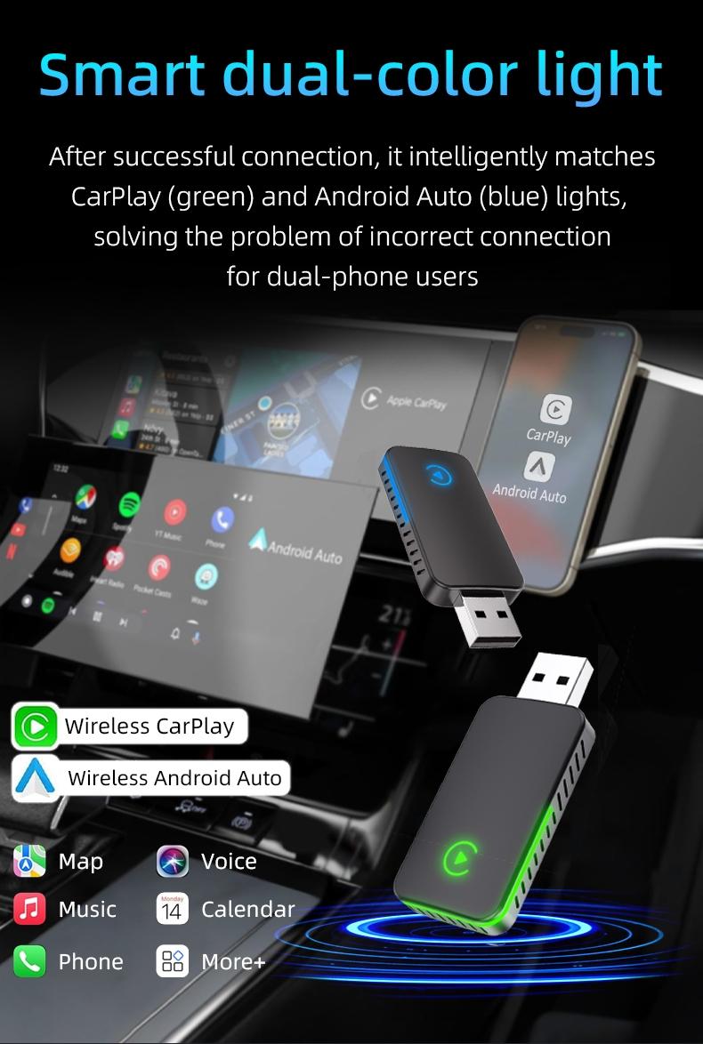 Wireless Carplay & Android Auto Adapter, Wireless Carplay Dongle, Upgrade Wired Functions to Wireless, Compatible with iPhone & Android Phones, Mini Design, No Delay