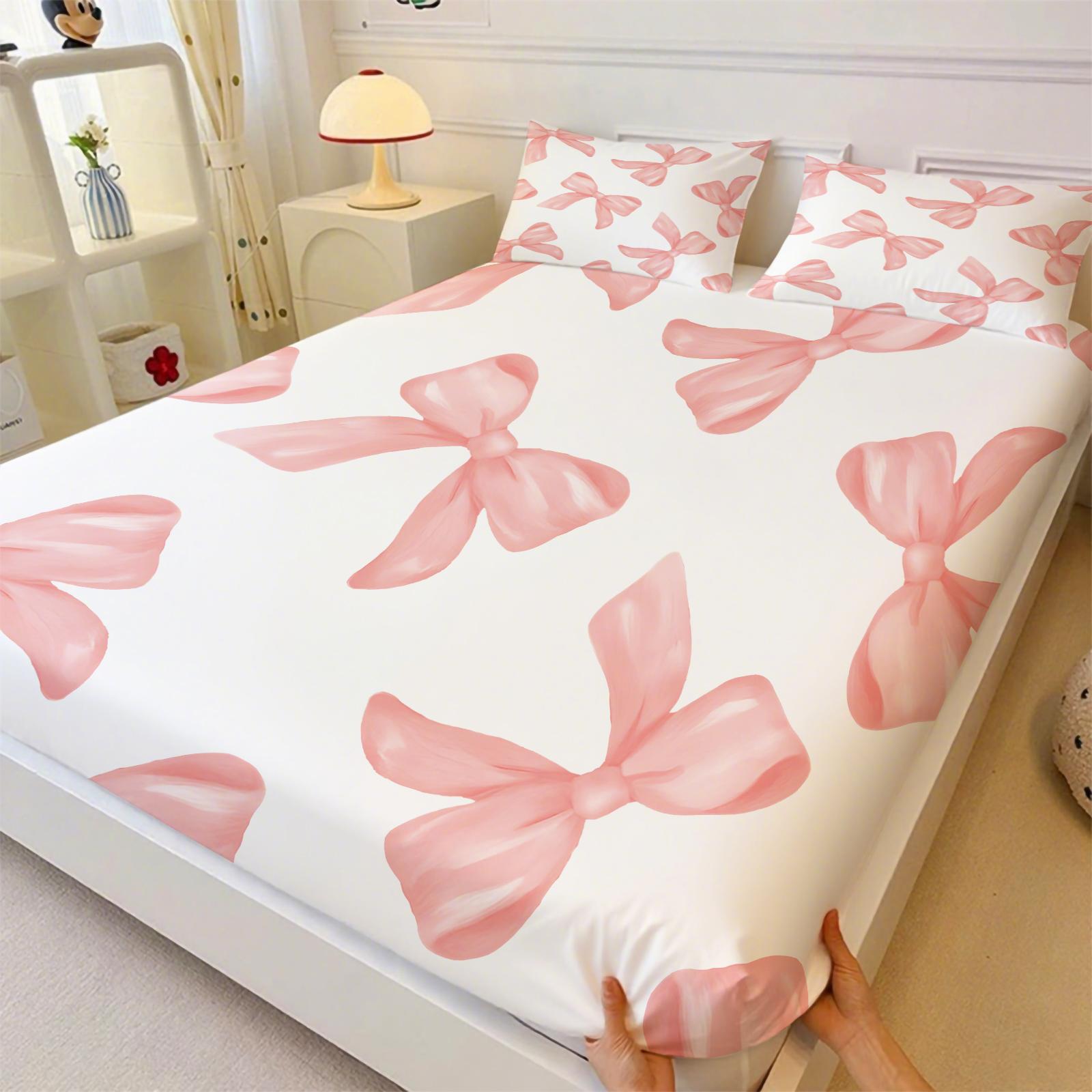 Y2K Watercolor Nude Pink Bow Microfiber Fitted Sheet Set, Soft Comfy Bedding, Includes 1 Fitted Sheet & 2 Coreless Pillowcases, Soft, Breathable Fabric, Deep Pocket Anti-Slip All Season Bedding Set, Princess Style Bedroom Decor