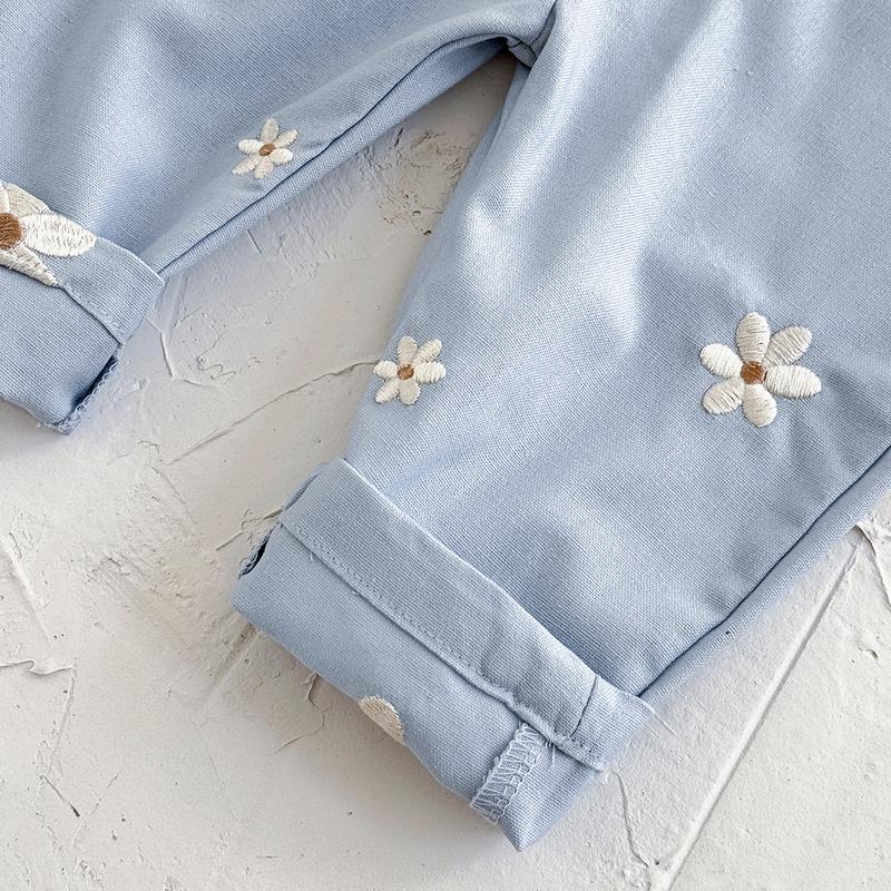 Toddler Kids Baby Boy Girl Overalls Flower Embroidery Blue Casual Loose Straps Trousers Romper Jumpsuit Spring Autumn Bodysuit