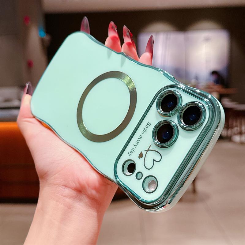 For iPhone 17 Pro Max 16 15 14 12 Case Magnetic,for Women Girls Soft Cute Wave Frame Curly Shape Love Heart Luxury Plating Phone Case Compatible with MagSafe Shockproof Back Cover