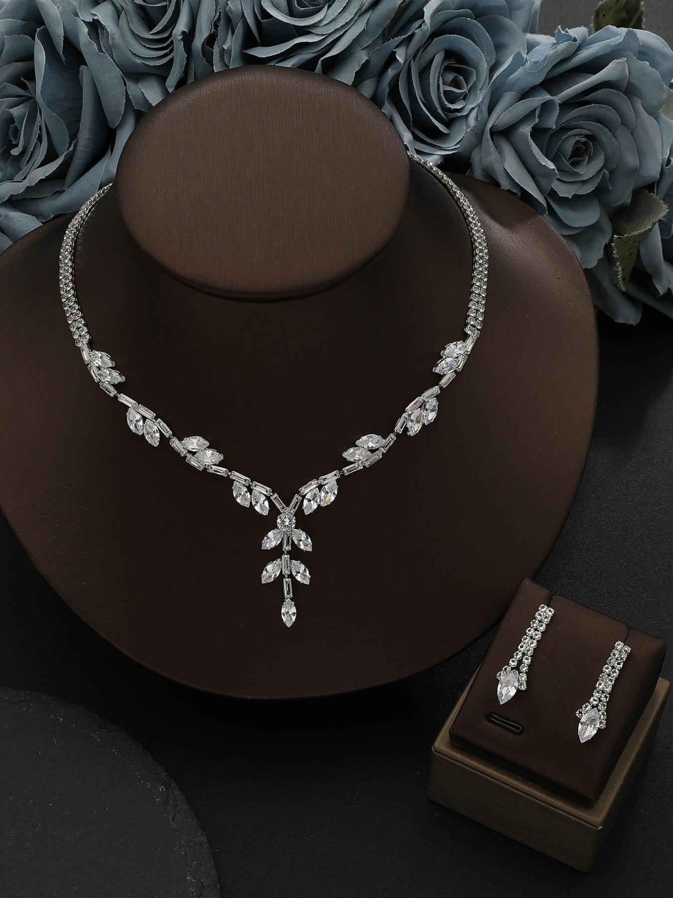 Luxury Zircon Leaf Necklace Earrings Set, Full Diamond Branch Design, Elegant Evening Lockbone Chain Studs, Perfect Gift for Her