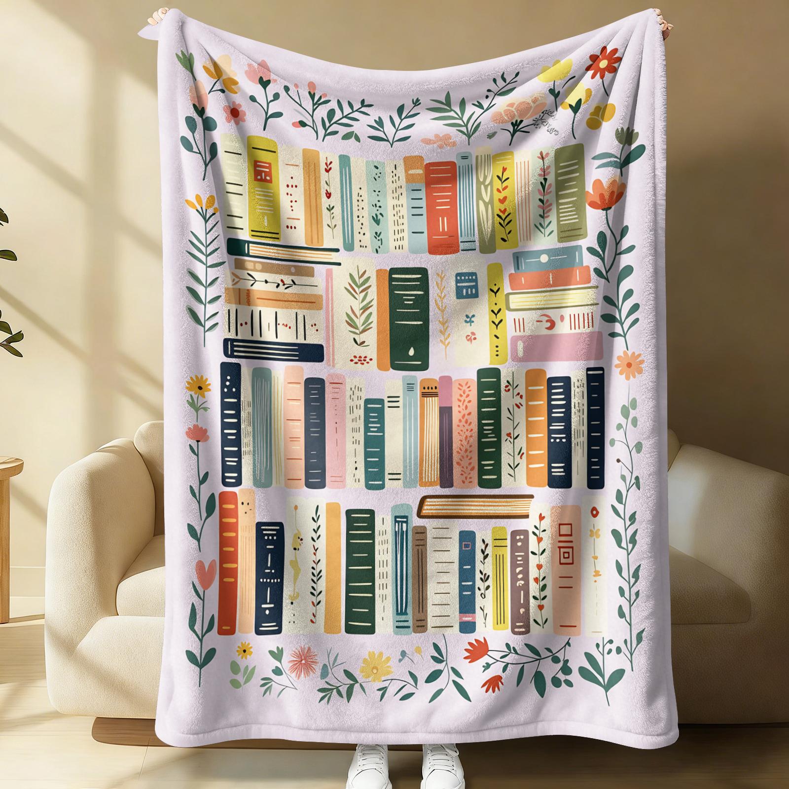 Bookish Floral Bookshelf Print Flannel Blanket, Aesthetic Botanical Warm Throw Blanket, Soft Cozy Nap Gift Blanket, Lightweight Decor Blanket for Couch Bed, All-Purpose Perfect Gift for Family and Friends