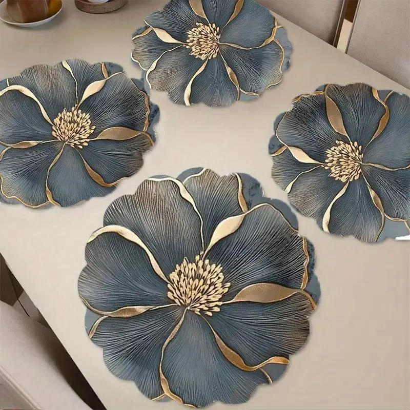4Pcs 35cm Luxury Floral Round PVC Placemats, Gold Foil Edge Flower Design, Heatproof, Waterproof, Washable Dining Table Mats Set for Dining Table, Party Decor