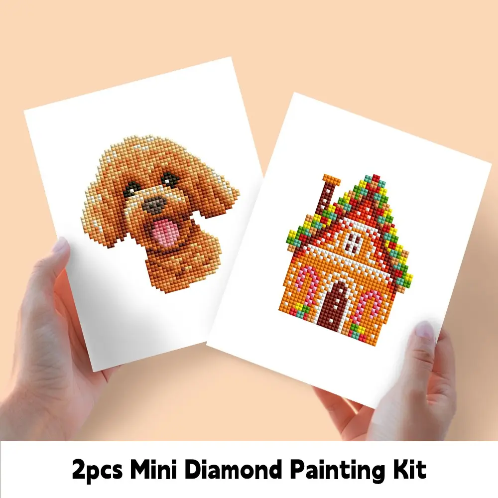 2pcs 5D DIY Mini Diamond Painting Set, Cute Poodle Pet Dog Portrait and Cartoon House Pattern, Animal Diamond Embroidery, Beginner-Friendly