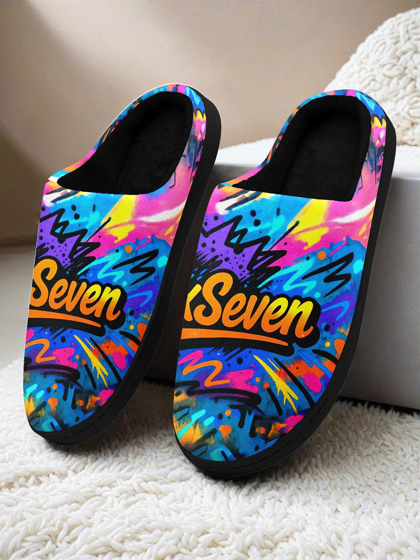 Men's Plus Size "SixSeven" Colorful Graffiti-Pattern Warm Indoor Slippers - Comfortable Cozy Home Footwear for Autumn & Winter