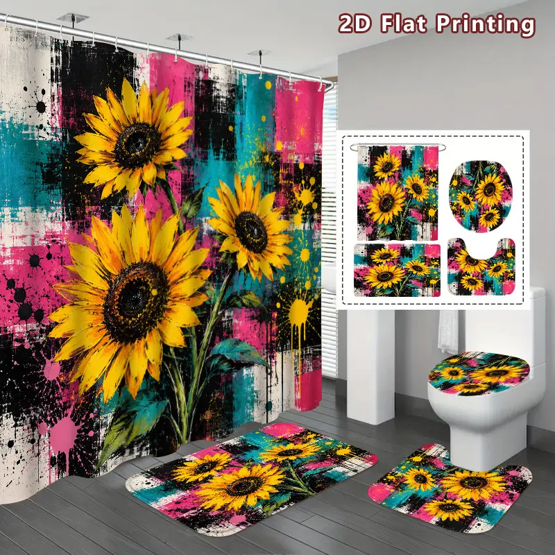 4pcs Vibrant Sunflowers Shower Curtain Set – Yellow Sunflowers with Colorful Graffiti Bathroom Decor, Includes U-Shaped Mat, Toilet Lid Cover & Hooks, Floral Art Home Decor