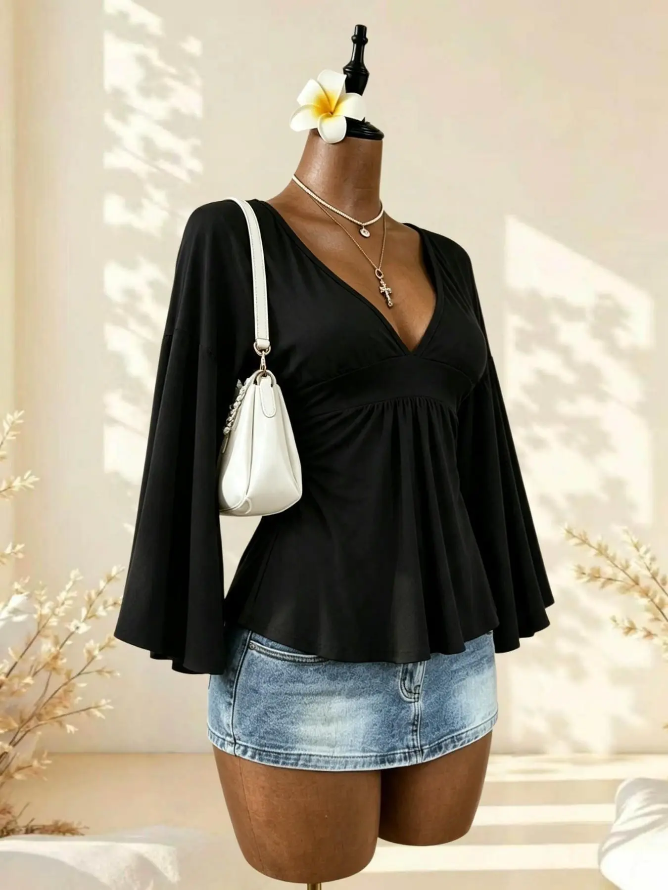 Women's Lazy Chic Style V-Neck Long-Sleeve Top, Elastic Waist Drawstring Design, Loose Fit Bell Sleeve Shirt, Choose 1/2/3 Pieces