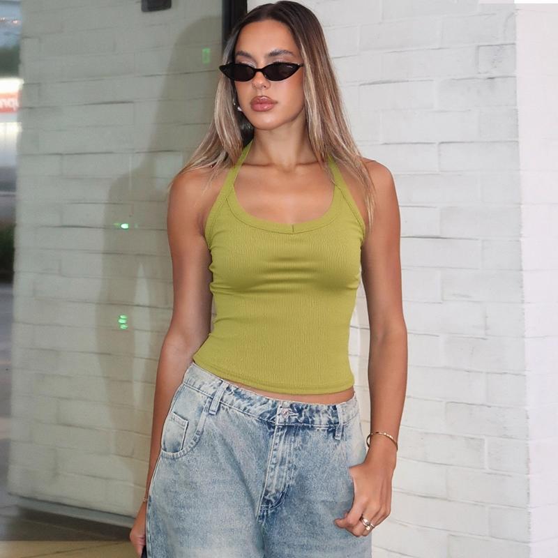 Women's Solid Ribbed Halter Neck Tank Top, Active Top, Casual Sleeveless Top for Daily Wear, Ladies Clothes for All Seasons