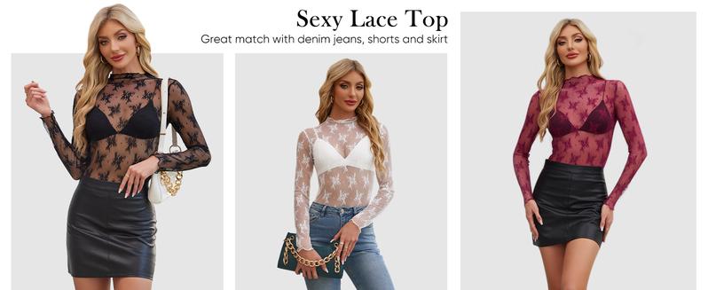 Siliteelon Lace Mesh Top - Burgundy Floral Long Sleeve Fitted Mock Neck See-Through Blouse for Y2K Club, Day Party & First Date Outfits | January Outfit Inspo