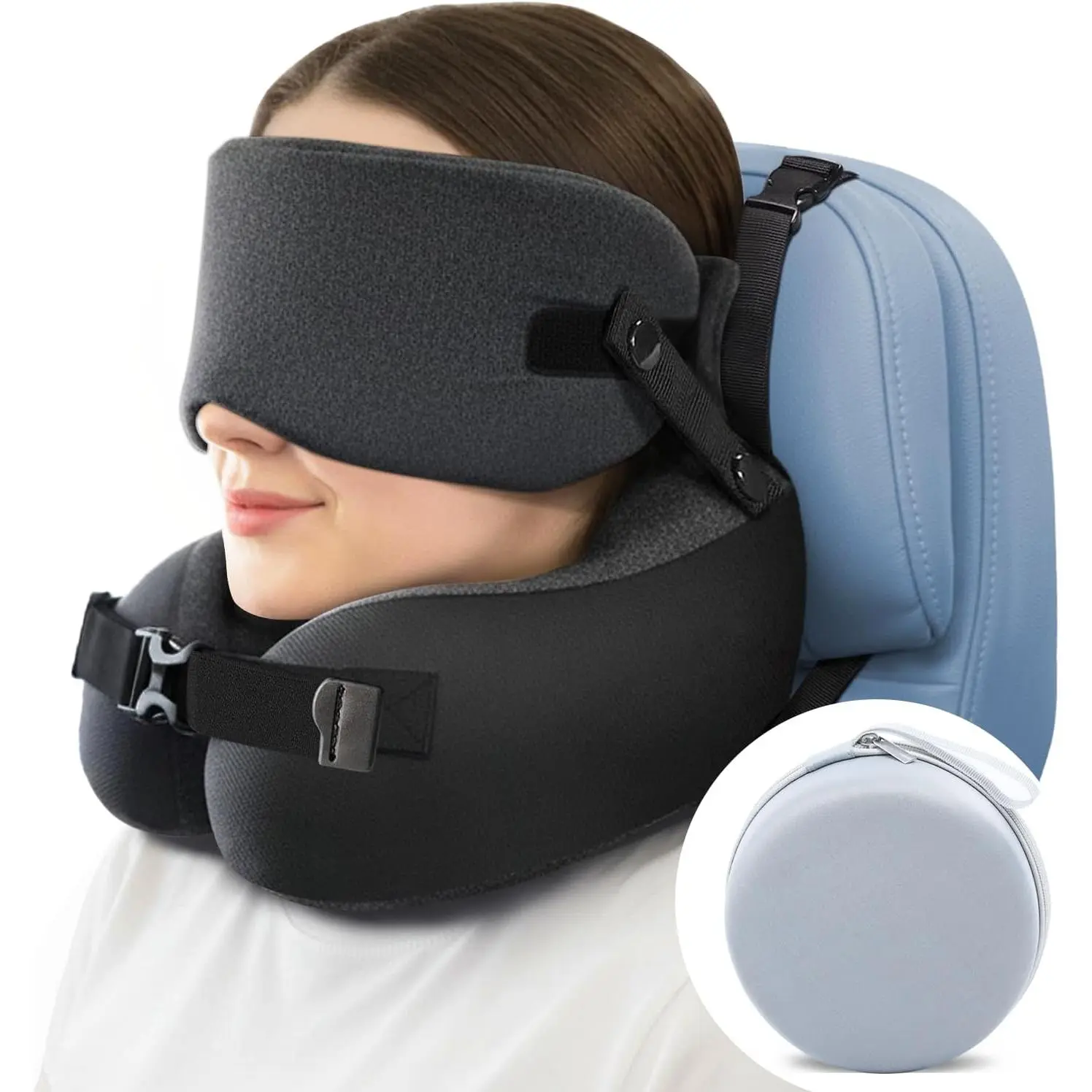 Travel Pillow for Long Flight Airplanes, Head Strap with Soft Eye Mask for Sleep, Travel Neck Pillow for Car Trip, 360° Headrest to Stop Head Bobbing, EVA Case, Grey