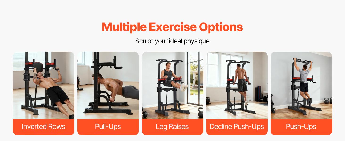 VEVOR Pull Up Bar, 330 LBS Power Tower Dip Station, Workout Dip Station with H-Shaped Stable Base Assistance Platform, Adjustable 9 Level Height Pullup Stand for Back, 3-Level Adjustable Elbow Pads