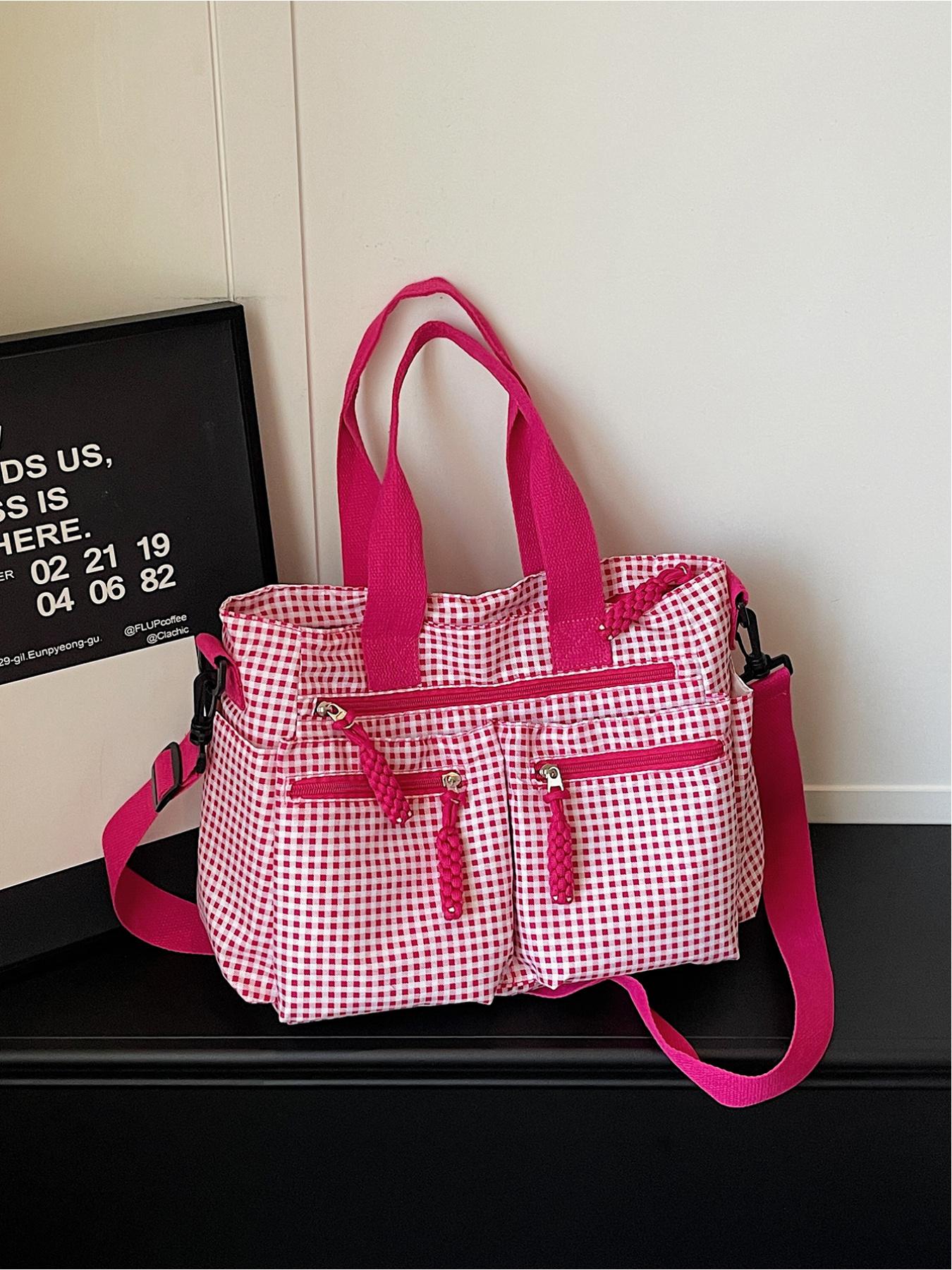 Large capacity plaid multi pocket tote bag, retro street style drawstring design, single shoulder bag, workwear style crossbody bag, adjustable shoulder strap, daily leisure, work, commuting, armpit bag