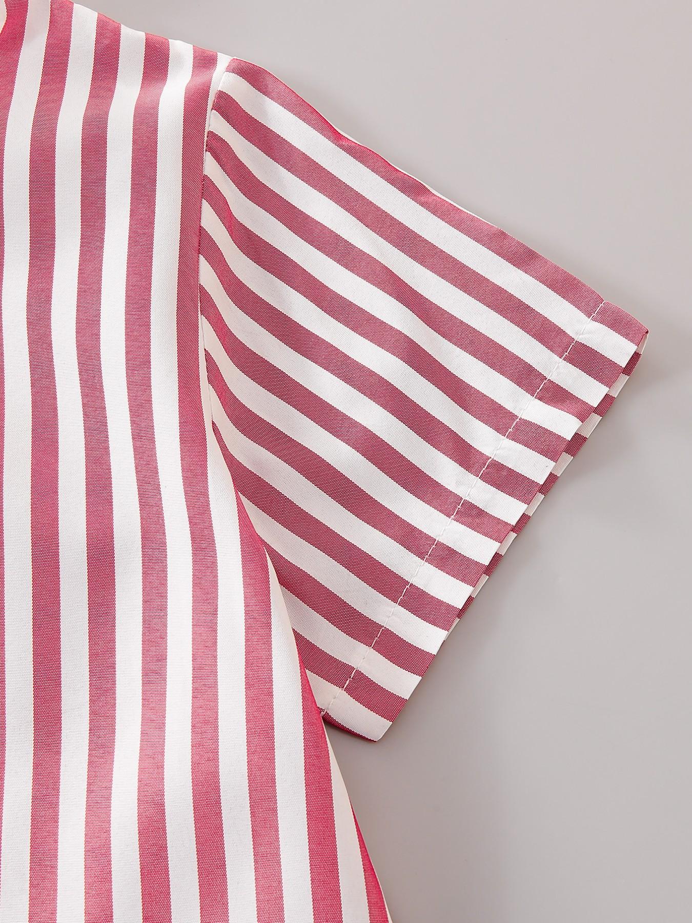 Boys' Summer New Set, Casual Stand Collar Button Shirt Short Sleeve with Lightweight Breathable Shorts, Striped Letter Patch