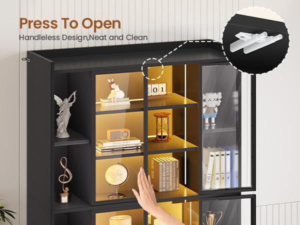 SEDETA 64 Inch Display Cabinet with Glass Doors 6 Tier Tall Bookcase with LED Lights Curio Cabinet with Adjustable Shelves