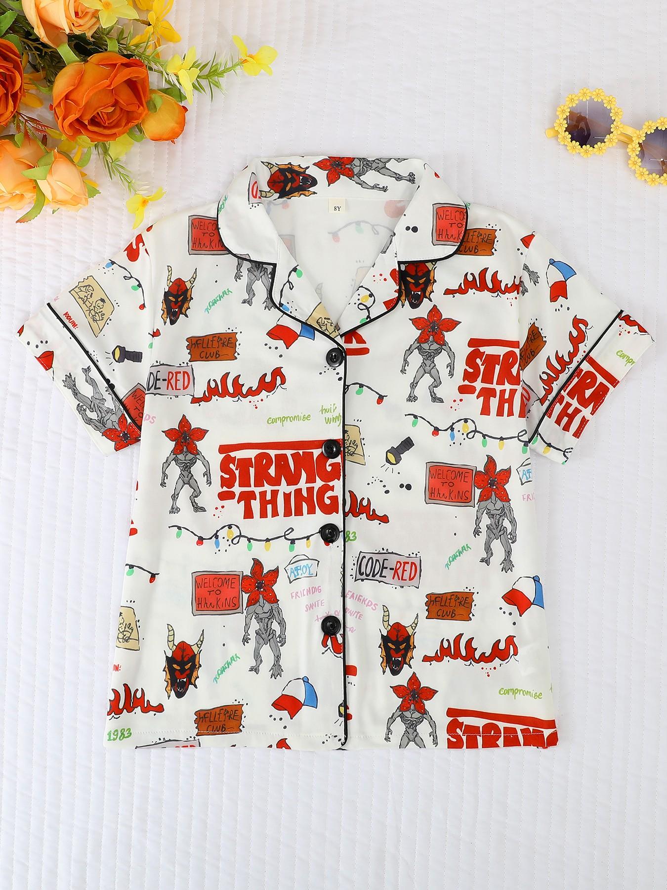 Kids Pajama Set, Cartoon Monster Pattern, Fashion Open-Cardigan Short Sleeve, Flame-Retardant Knit, All Seasons, Party Gift