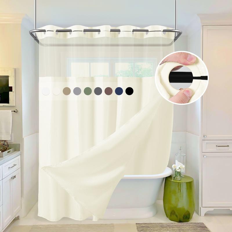 FANI Sage Green Waffle No Hook Shower Curtain with Snap in Liner Waterproof & Washable 72"W x 74"H,72''W x 84''H See Through Top Window Replacement for Bathroom