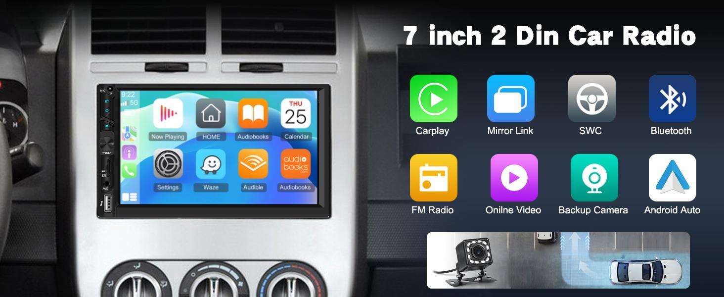 7-inch IPS Touch Screen Double Din Wireless CarPlay Android Auto Car Video Player - Auto Radio with YouTube Playback, WiFi GPS, FM, Hands-Free BT, MirrorLink, Backup Camera, EQ, USB, Auxiliary Input, SWC, MIC, Car Accessories, Father's Day Gift