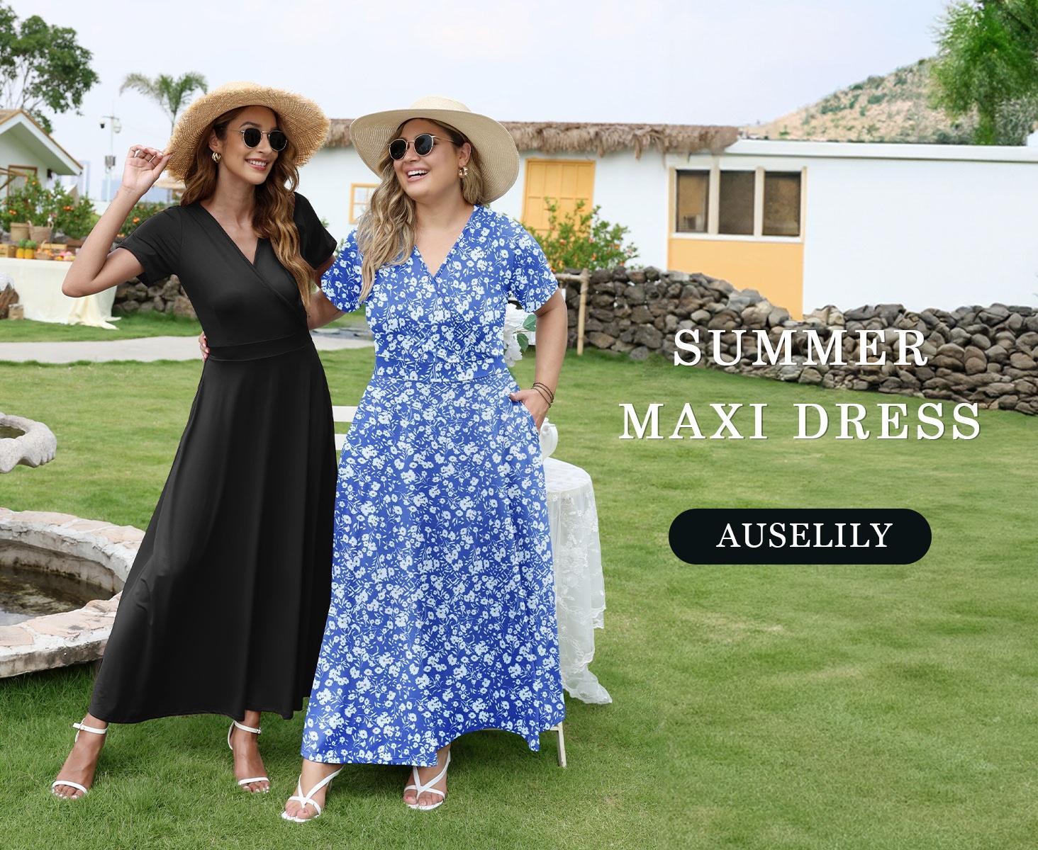 AUSELILY Maxi Dresses for Women V neck Ankle Length Floral Print Beach Long Flowy Dress with Pockets SpringStatements