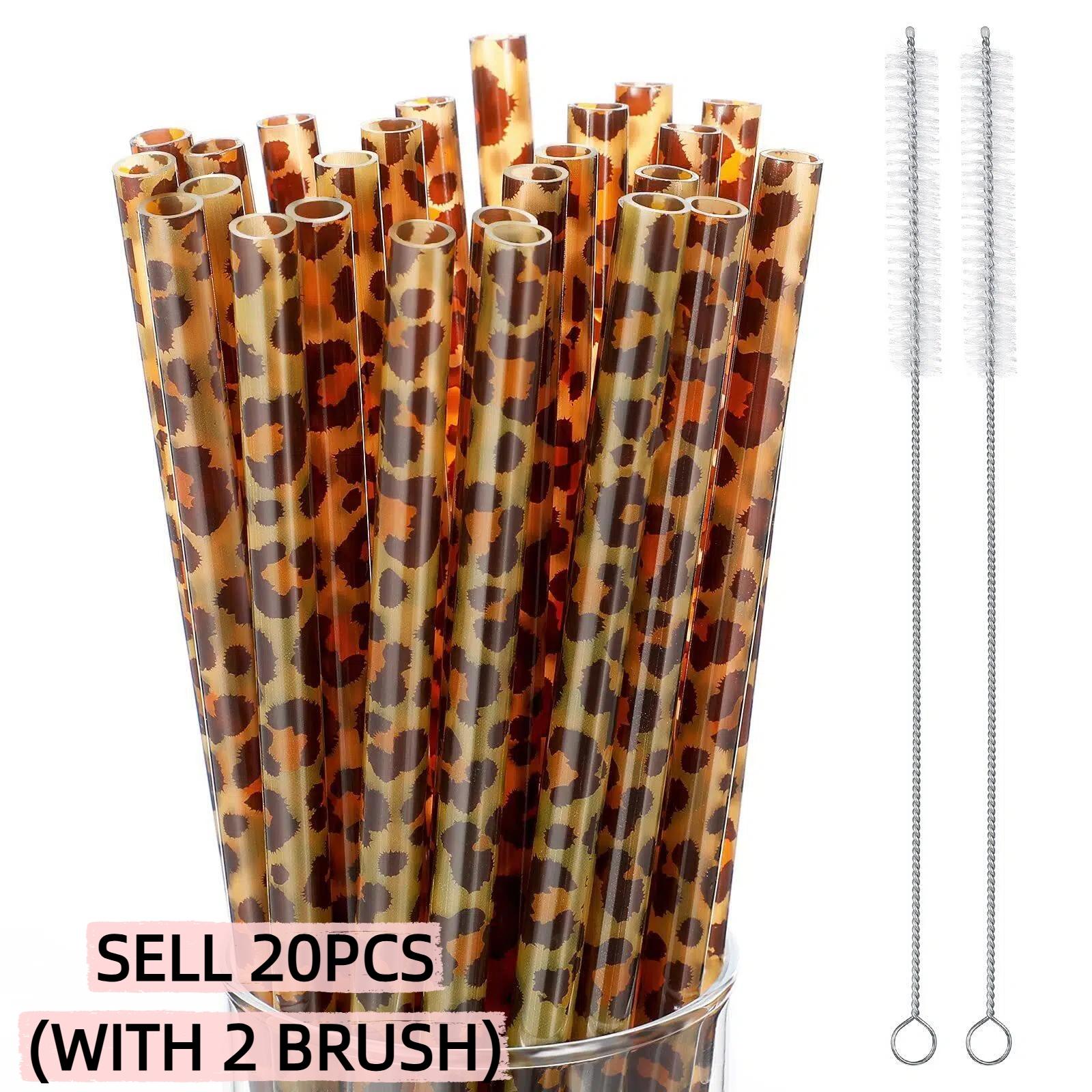 10/20PCS Reusable Leopard Print PP Drinking Straws Set (with 1/2 Brushes), 9-Inch Straws, Durable Easy-to-Clean Smooth-Edge Design for Iced Coffee, Juice, Smoothies, Party & Home Daily Use, Bar Accessories