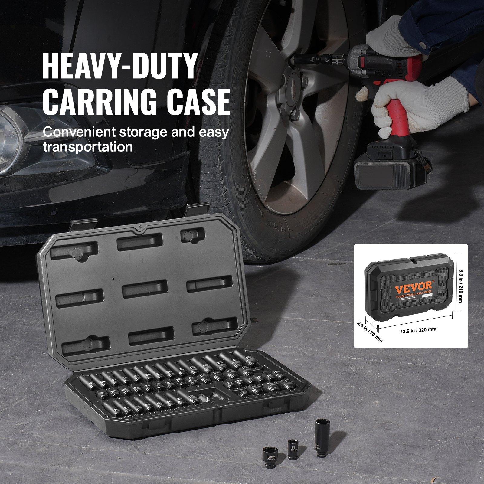 VEVOR Drive Impact Socket Set 1/4"  - 14 Piece Deep Socket Set Metric 4-15mm - 6 Point Cr-Mo Alloy Steel for Auto Repair - Easy-to-Read Size Markings - Rugged Construction - Socket Organizer
