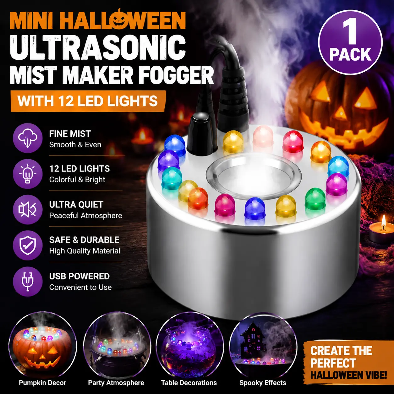 Mini Ultrasonic Mist Maker Fogger with 12 LED Lights, Alloy Atomizer Humidifier Head for Water Fountain, Pond, Halloween Decor & DIY Projects
