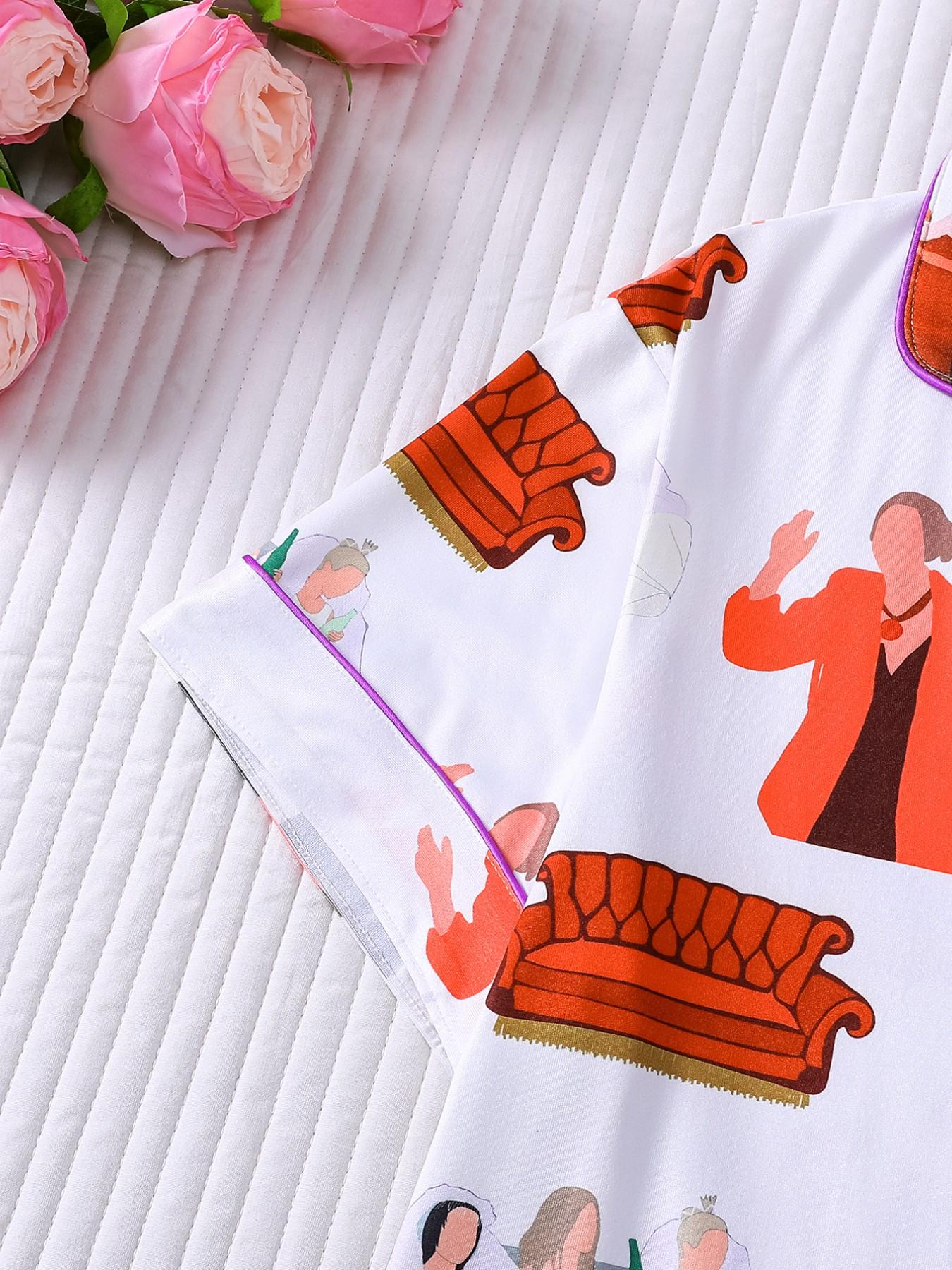 2 Piece Women's Pajamas Set, Friends TV Show Print Short Sleeve Sleepwear, White Lapel Button Down Top with Pocket, Elastic Waist Shorts, Soft Comfy Casual Loungewear for All Seasons, Daily Homewear for Women