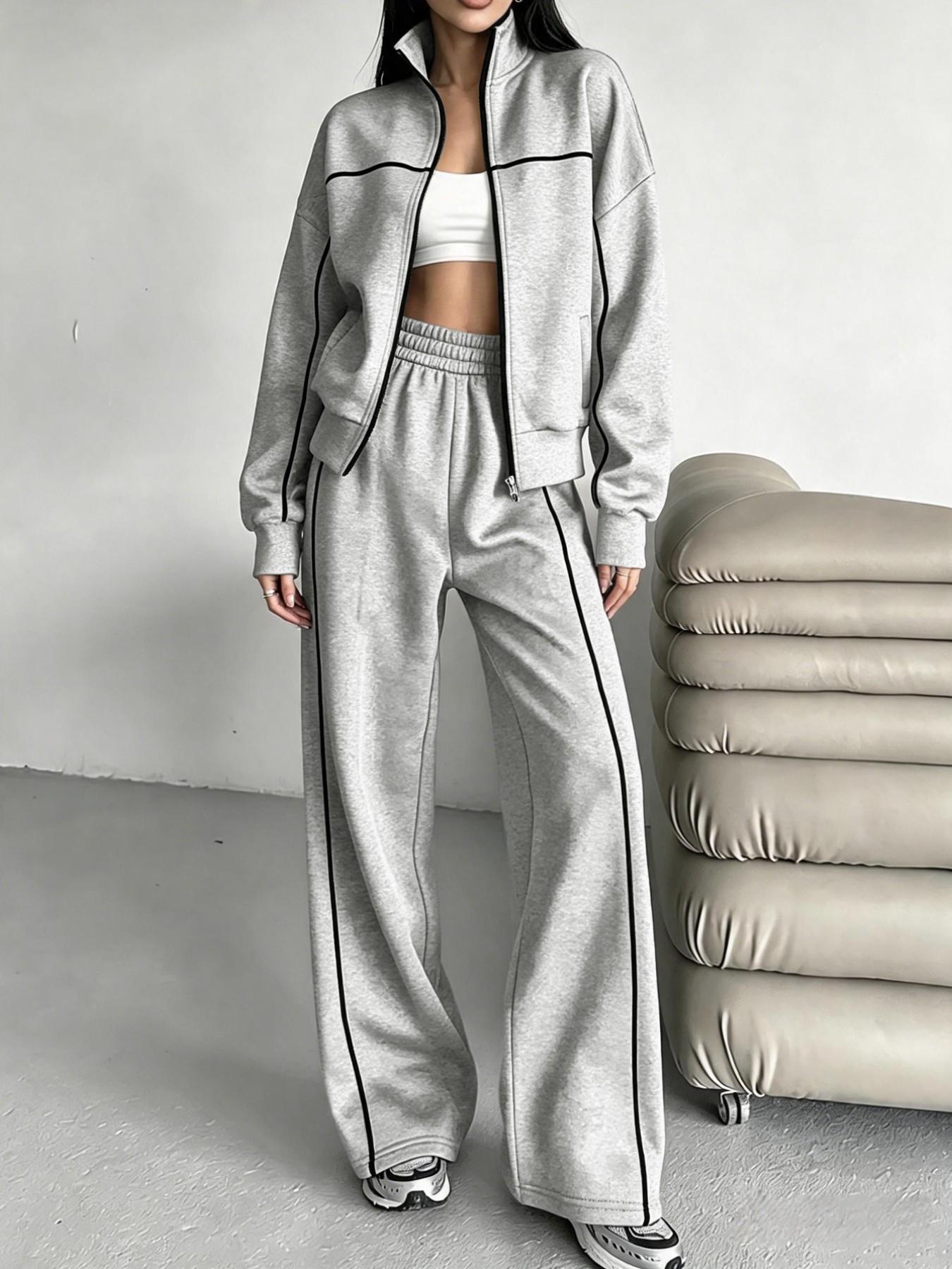 Women's Two-Piece Set, Fall Winter, Long Sleeve Zipper Stand Collar Sweatshirt, Mid-Waist Pants, Casual Office Wear, Multiple Colors Available, Clothes