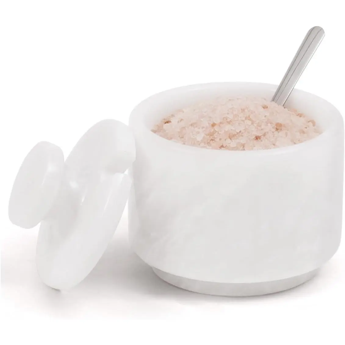 Marble Salt Cellar with Lid & Spoon 3" White Small Flaky Salt Container, Seasoning Jar, Spice Storage Countertop, Ideal For Salt Box, Sugar Jar Kitchen Décor