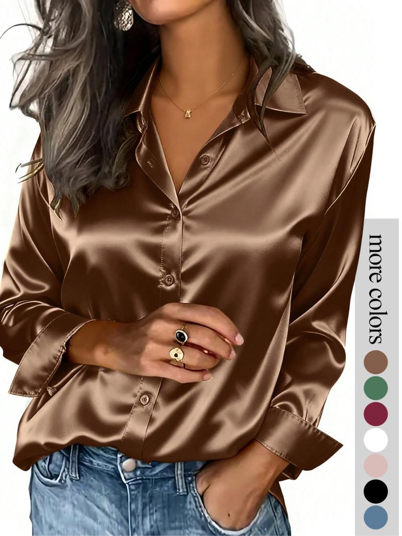 Women's solid color satin button-down long-sleeved casual shirt, made of fashionable silk fabric, suitable for casual office wear and commuting, and appropriate for both spring and autumn. Women's solid color satin button-down long-sleeved casual shirt, made of fashionable silk fabric, suitable for casual office wear and commuting, and appropriate for both spring and autumn.
