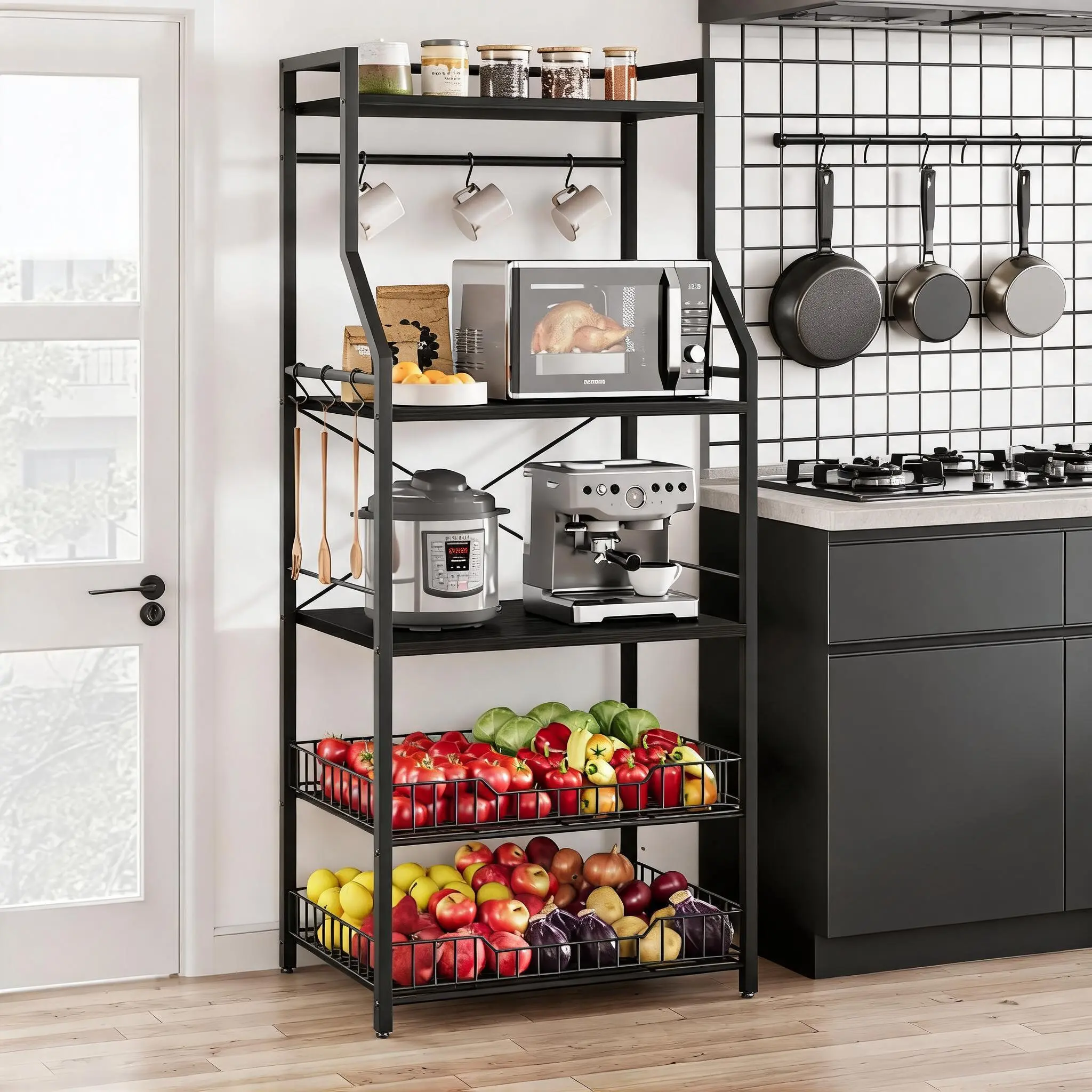 Garvee Upgraded 5 Tier Kitchen Storage Rack, Bakers Rack, Microwave Oven Stand With 2 Large Wire Basket, Kitchen Utility Storage Shelf Organizer, Industrial Coffee Bar Station for Home Room Decor, Ideal Home Christmas Birthday Gifts for Men Women Friends