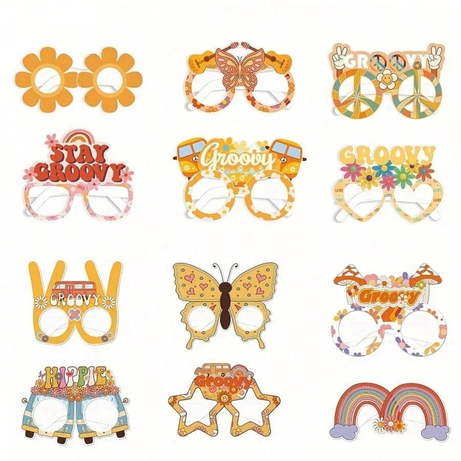 12 Pieces Hippie Theme Retro Paper Glasses, Fun Party Colorful Decorative Eyewear, Perfect for Birthday Vintage Party Decoration