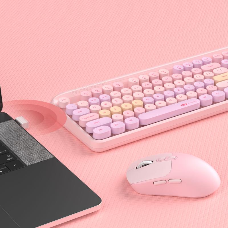 Wireless Keyboard and Mouse Combo Round keycaps Retro Typewriter Keyboard 104 Key Full-Sized Keyboard Automatic Power Saving 2.4GHz Wireless Connection for Mac/Windows/PC