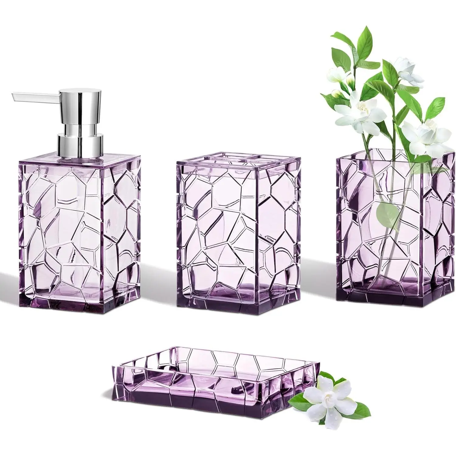 Acrylic Bathroom Accessories Set of 4, Lavender Purple Boho Modern Bathroom Decor, 4-Piece Includes Toothbrush Holder, Soap Dispenser, Tumbler, Soap Dish, Ideal Gift ChoiceGift