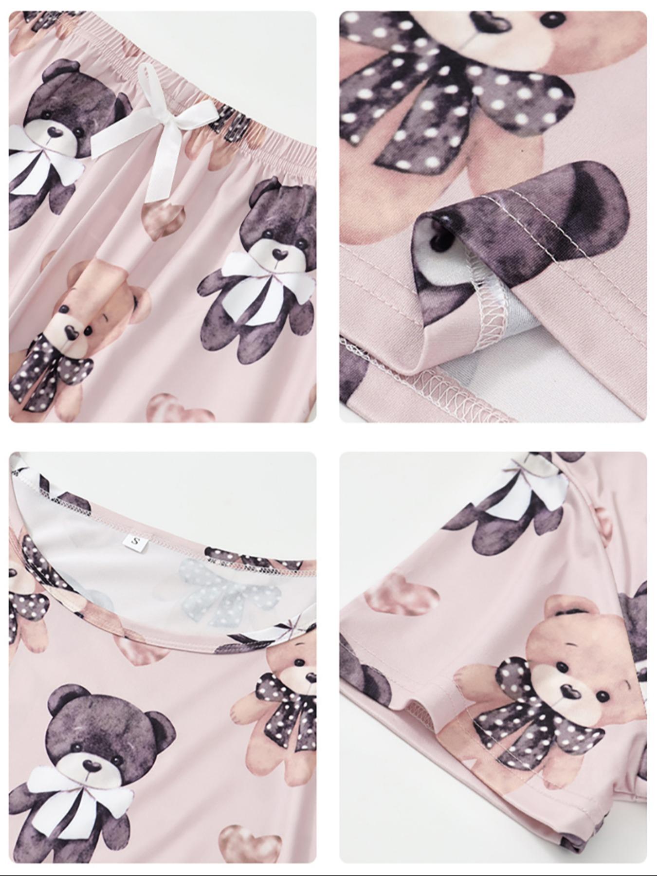Women's Cartoon Bear Print Short Sleeve Tee & Pants Pajama Set, Casual Comfy Round Neck T-Shirt & Elastic Waist Trousers PJ Set, Loungewear Pajamas Set, Ladies Sleepwear for All Seasons