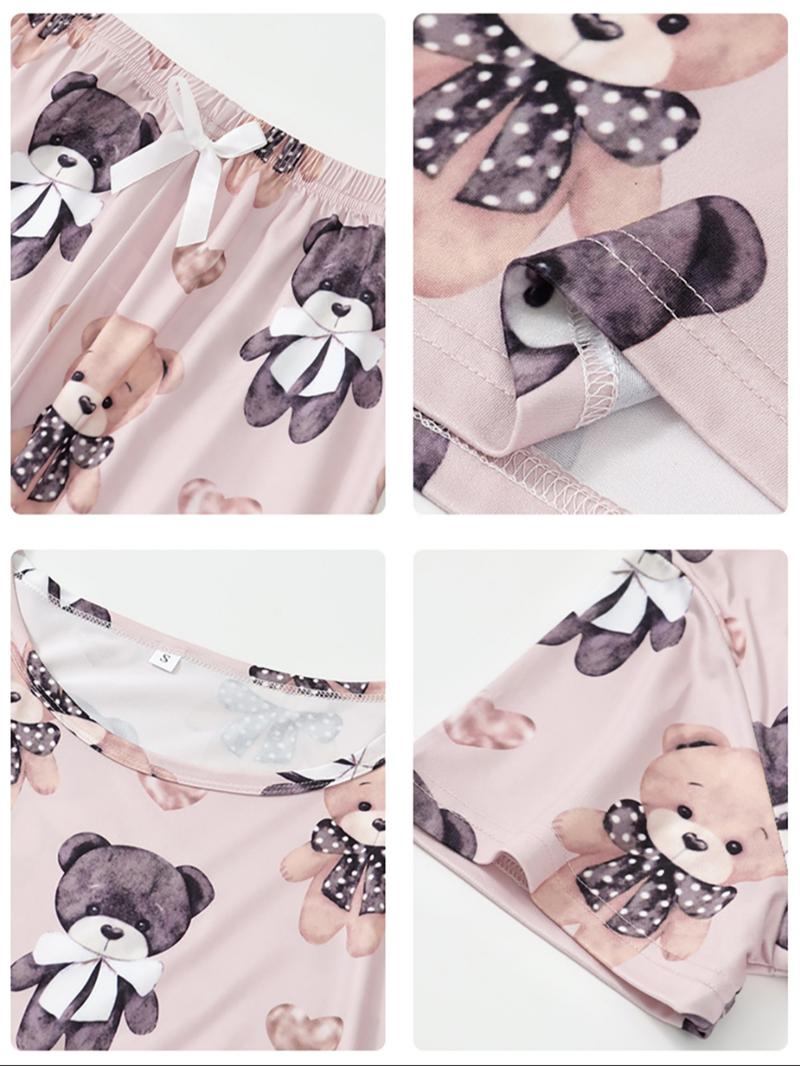 Women's Cartoon Bear Print Short Sleeve Tee & Pants Pajama Set, Casual Comfy Round Neck T-Shirt & Elastic Waist Trousers PJ Set, Loungewear Pajamas Set, Ladies Sleepwear for All Seasons